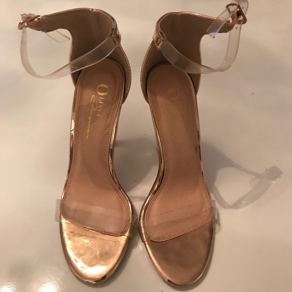 Rose gold metallic shoes with clear straps